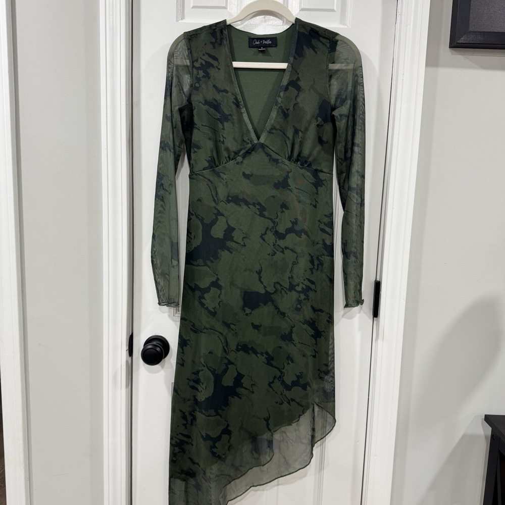 Oak & Trellis Womens M Green Camo Mesh Dress Sheer Long Sleeve Asymmetrical